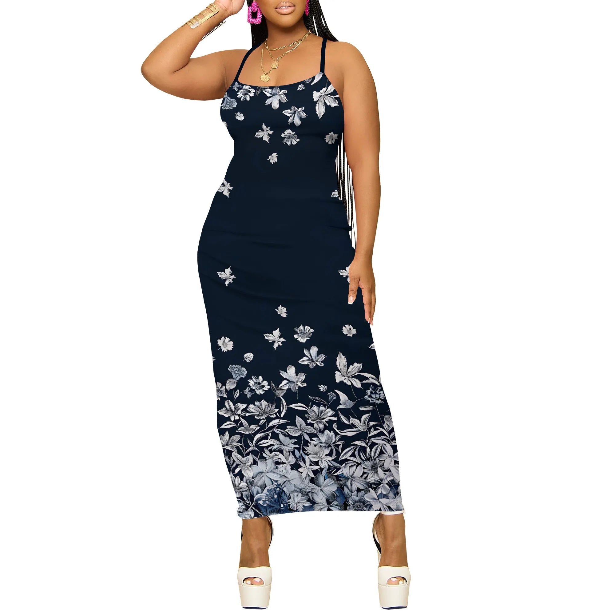 Blue White Floral Print Spaghetti Strap Dress Elegant Summer Garden Look