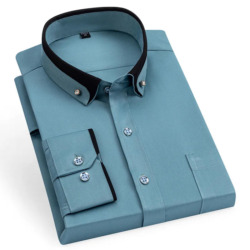 Men's Double Collar Shirt Long Sleeves Fashion Formal Classic Business Dress Shirt Black Casual Slim Fit Breathable Non-Iron Top