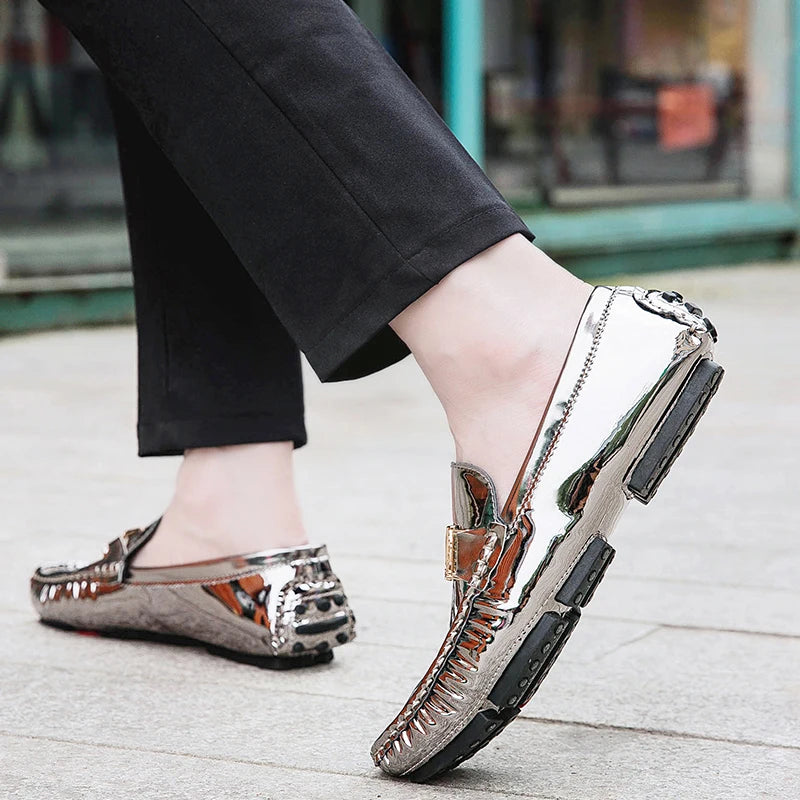New Cool Male Formal Dress Shoes Silver Casual Moccasin Shoes for Men Large Size 38-48 Youth Fashion Popular Driving Loafers