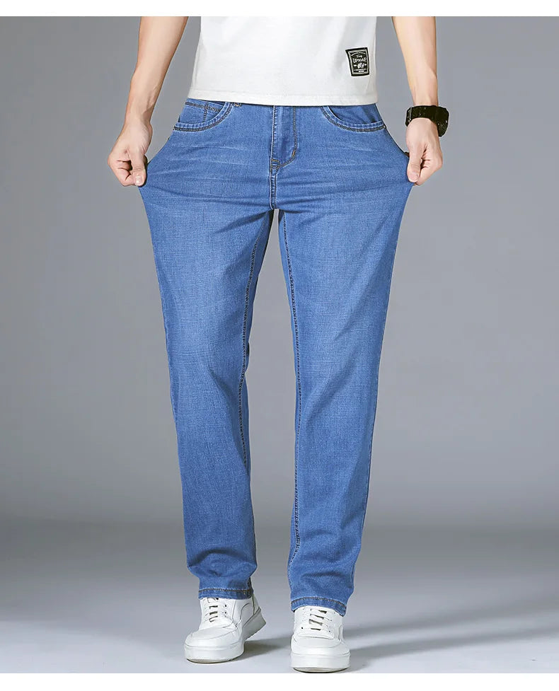 2025 Dunne of dikke stoffen kantoor- en zakenjeans voor heren, klassiek blauw, zwart, katoenen stretch, rechte denimbroek, herenmerkbroeken