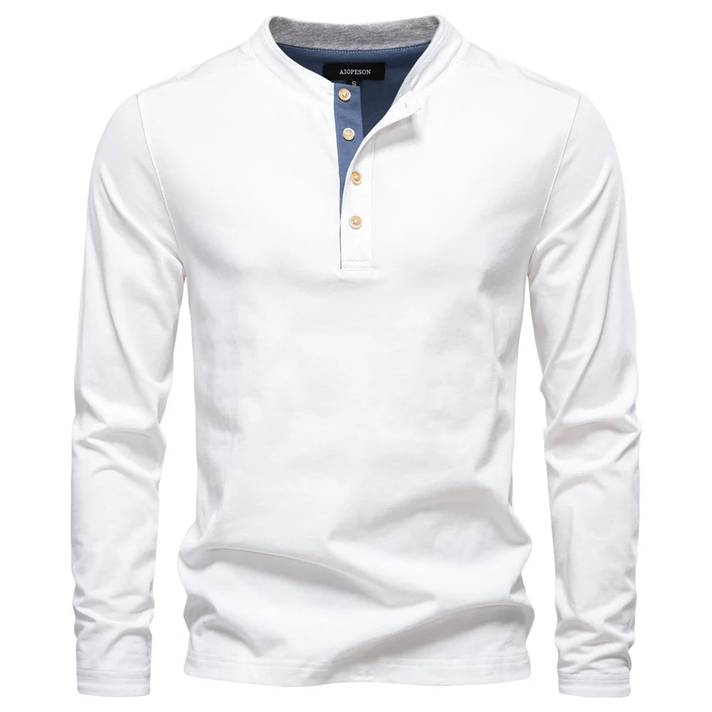 Men's Long Sleeve Fashion High Quality Cotton T-Shirt With Button Collar Basic Male T-Shirt