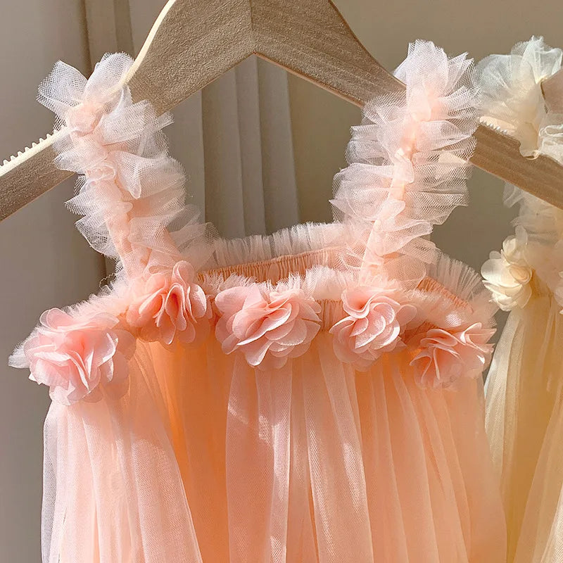 Summer Kids Sweet Mesh Dress Girls 6 Colours Suspended Floral Beach Skirt Children Tutu Princess Dress 1-6Y Girls