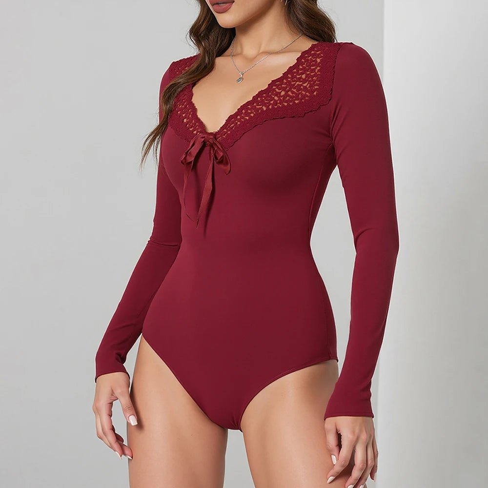 Women's Jumpsuits Summer Korean Fashion Elegant 2025 Plain Lace Long Sleeve V-neck Seaside Jumpsuits