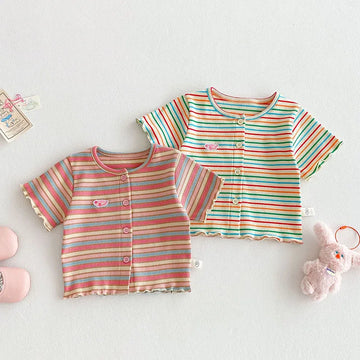 New Summer Girls Colourful Striped Cardigan Kids Short-Sleeved Knitted Sweater Children Cute Lace Bow Jeans 0-5Y Girls