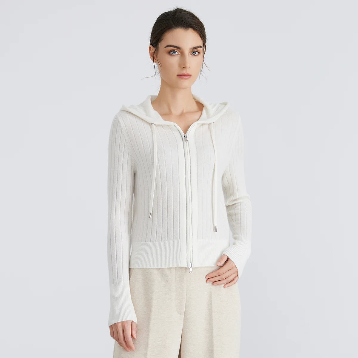 Women's High-Quality Winter Luxury Brand Long-Sleeved Hooded Cardigan & Knitted Sweater With 94% Cashmere For Ladies