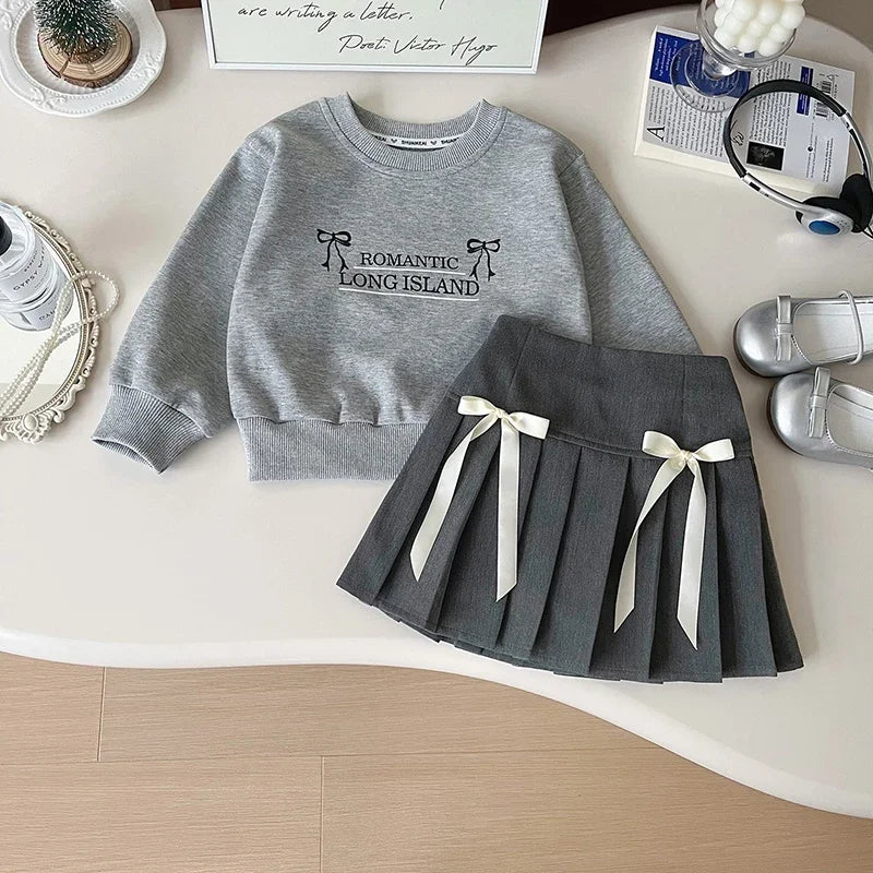 Girls Casual Hoodies Suit Simple Letter Sweatshirt and Pleated Skirt 2PCS Children's Autumn Outfit 2-7Y Girls