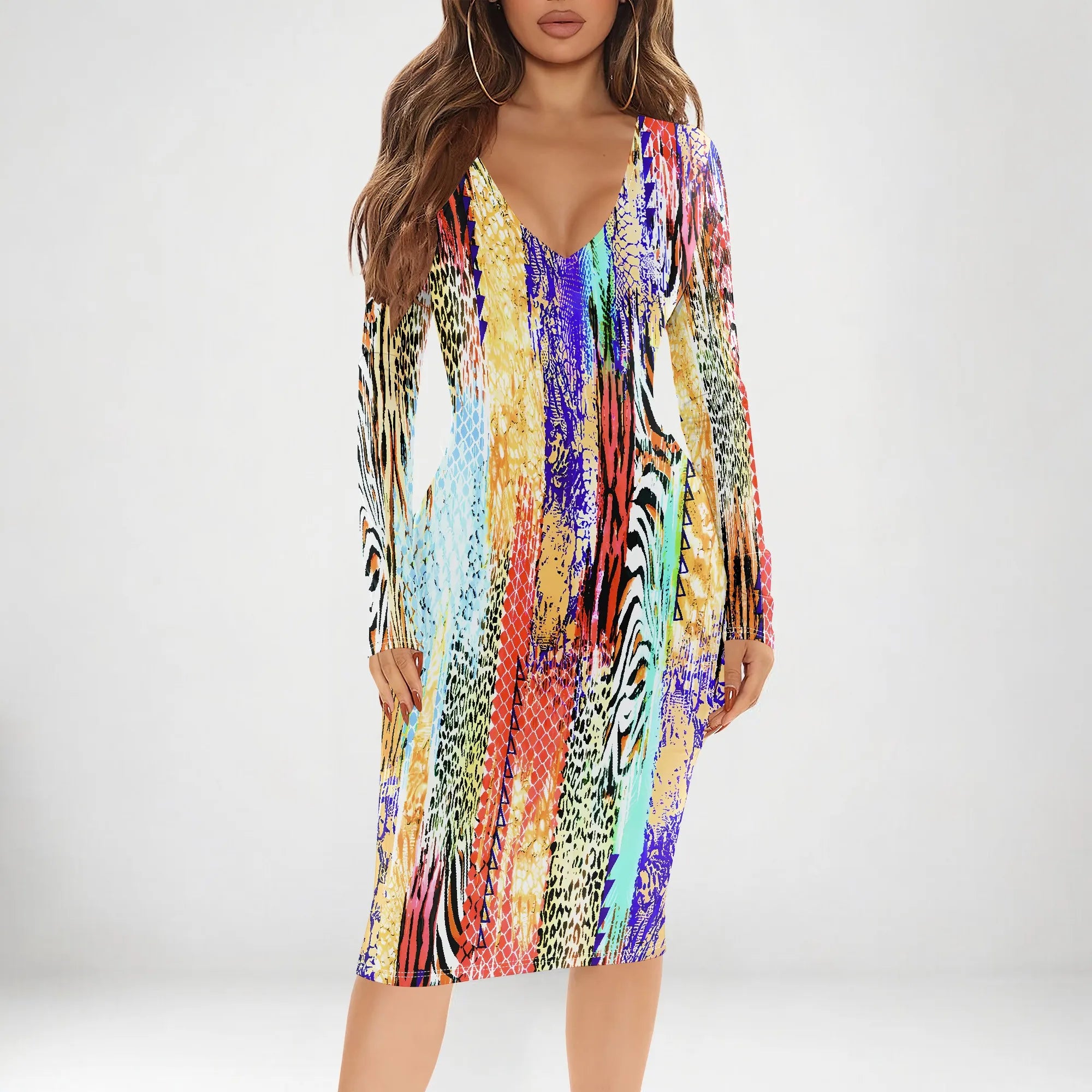 Womens Bodycon White Dark Blue line Flower Print Round Neck Ruffle Ruched Party Knee Length Pencil Dress