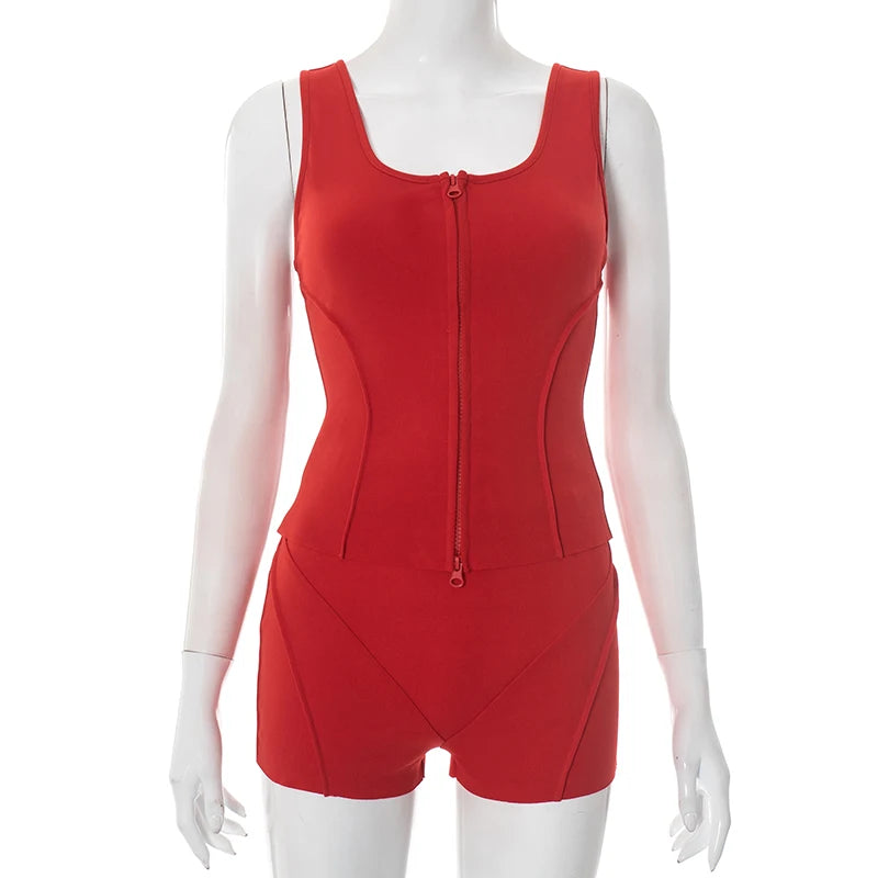 Casual Women 2 Piece Set Stretch Double Zip Tank Tops + Shorts Matching Patchwork Simple Basic Streetwear Tracksuit