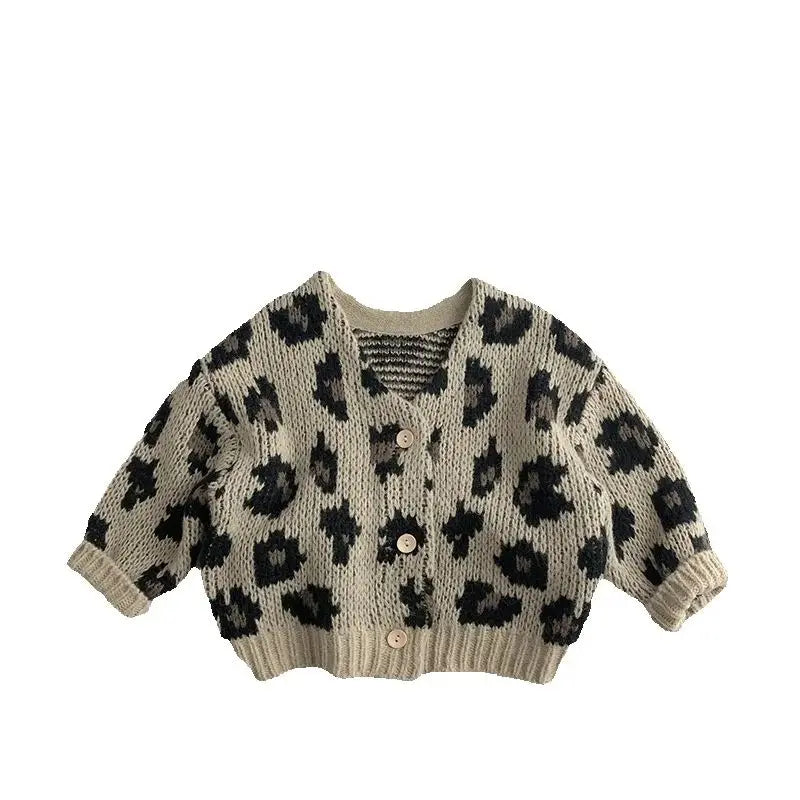 Girls' Autumn Vintage Korean Trendy Leopard Knit V-Neck Cardigan Coat For Children 1-7Y
