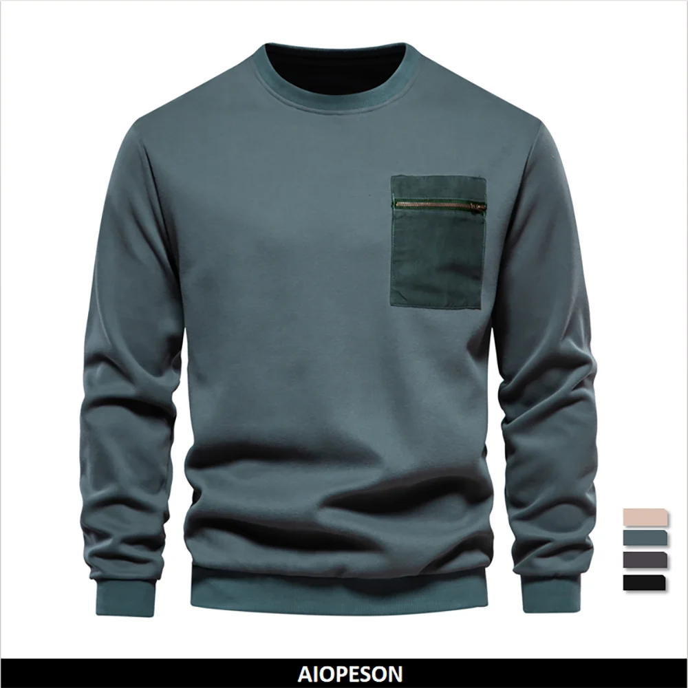 Men's Zipper Pocket Cotton Blend Sweatshirt For Casual Sport Pullover Men's Sweatshirts
