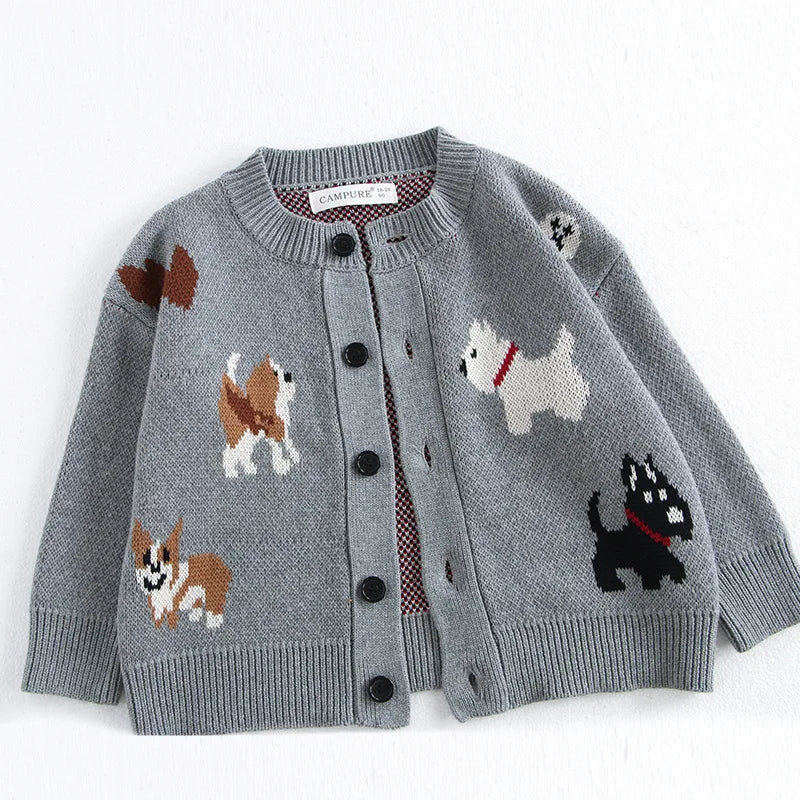 Spring Children's Sweater Jacket Jacquard Cute Dog Boys Single Breasted Buckle Cardigan Top Girls Knitted Sweater 1-8Y Unisex