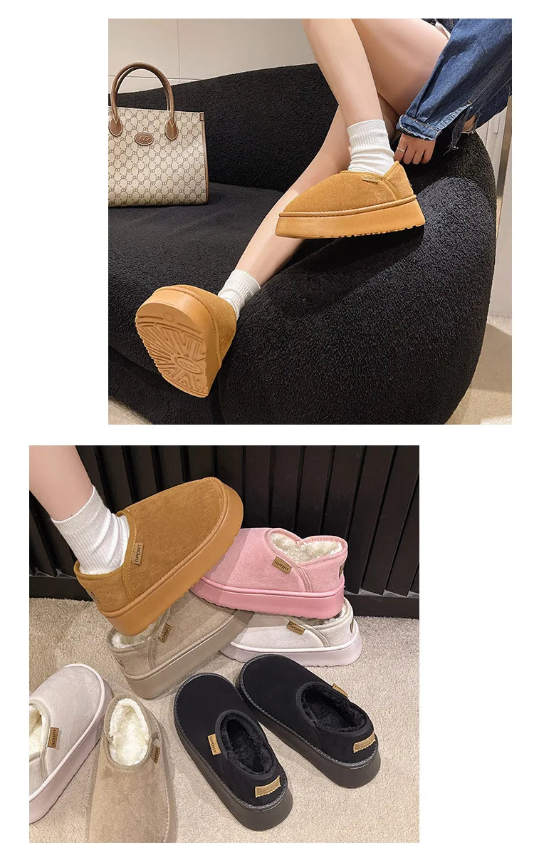 Women's Winter Warm Fuzzy Lining Cotton Shoes Fur Fluffy Slippers For Indoor and Outdoor Use With Anti-Skid Plush Thick Sole Cotton Shoes