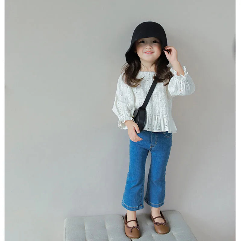 New Autumn Kids Jeans Girls Cute Slim Fit Denim Flared Pants Children Simplicity Blue Skinny Trousers 1-6Y 2-7T Girls