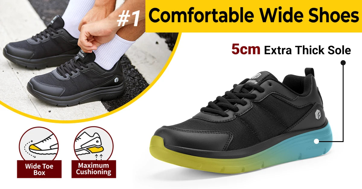 Men's Wide Width Thick Sole Walking Shoes - Lightweight And Breathable Sneakers For Plantar Fasciitis Pain Relieve