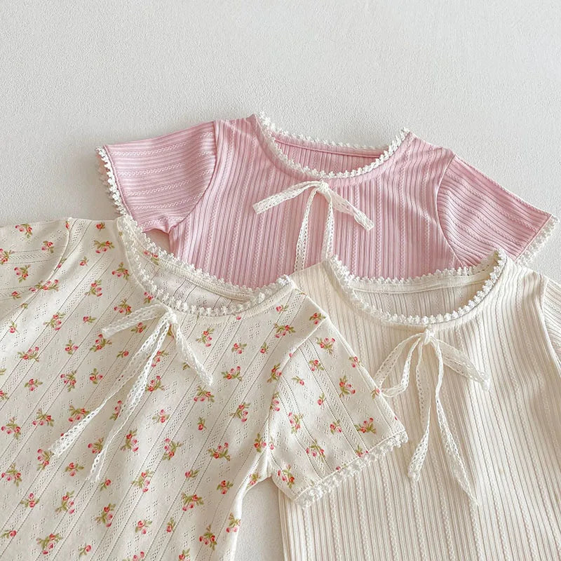 New Summer Kids T-shirt Boys Cute Hollow Out Floral Tops Children Thin Style Pit Strip Lace Girls Tee 1-5T Unisex