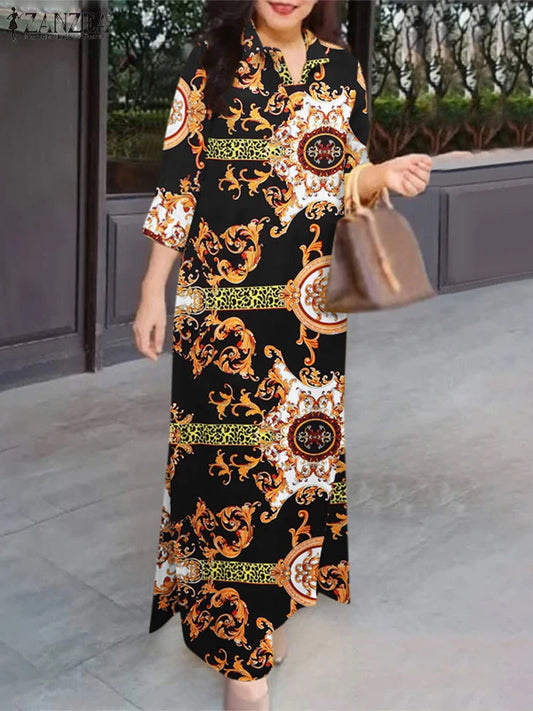 Fashion Slit Hem Shirtdress 3/4 Sleeve Women Vintage Casual Maxi Dress Autumn Baroque Print Lapel Neck Long Vestidos