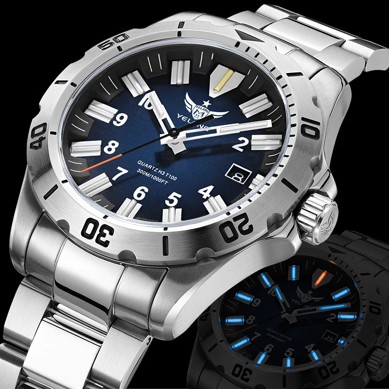 YELANG V1036 42mm Men's Quartz Watch Luminous Display Japan Movement 30ATM Waterproof Stainless Steel Band with Luminous Hands
