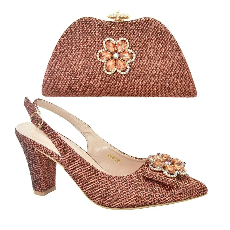 African Shoes and Bags Matching Set Decorated with Rhinestone Nigerian Shoes and Matching Bag