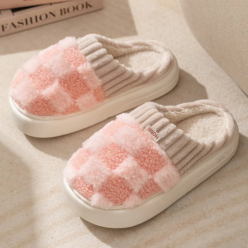 Women's Winter Warm Fur Fuzzy Slippers For Ladies With Pineapple Lattice Soft and Non-Slip Sole Plush Fluffy Cotton Ladies' Shoes