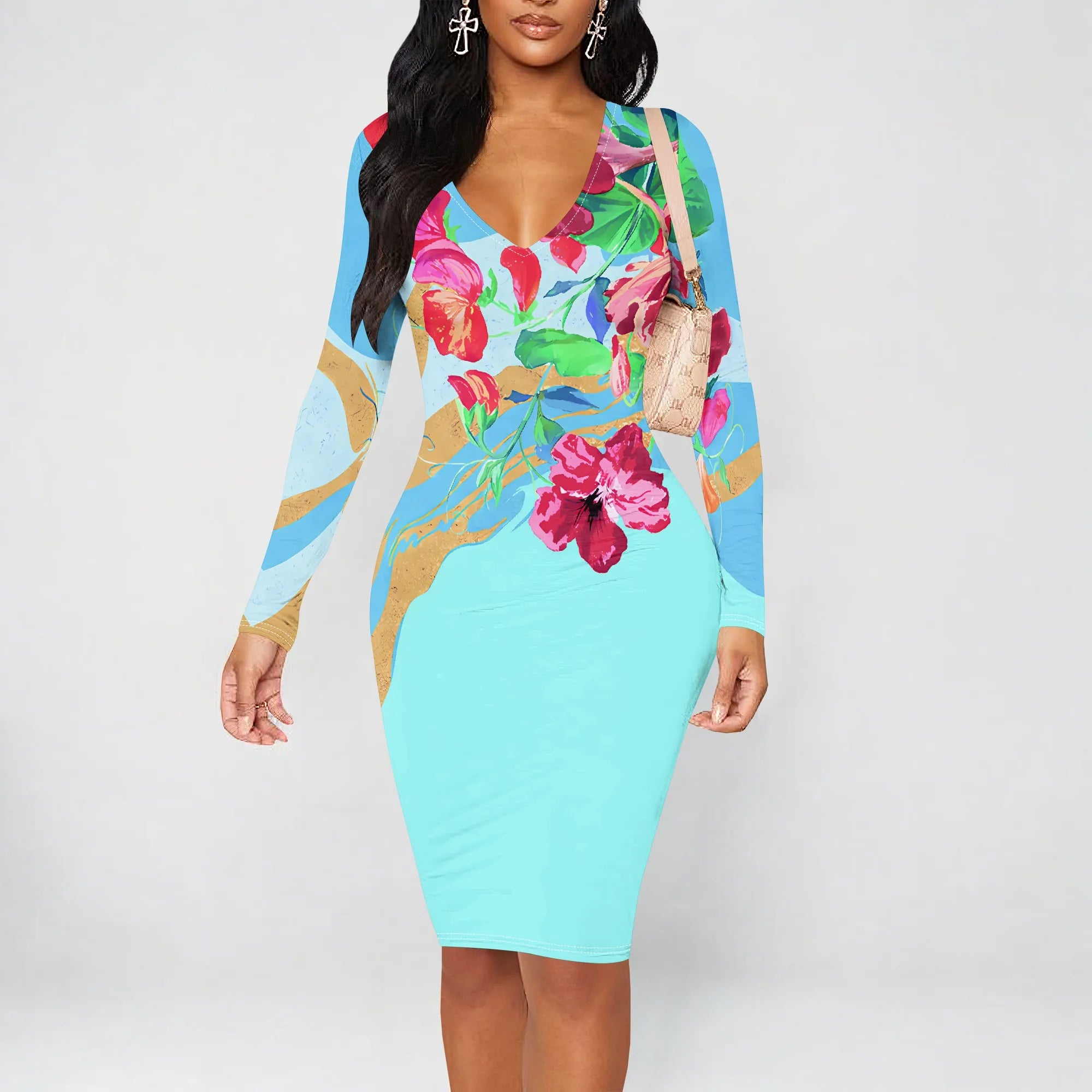 Womens Bodycon White Dark Blue line Flower Print Round Neck Ruffle Ruched Party Knee Length Pencil Dress