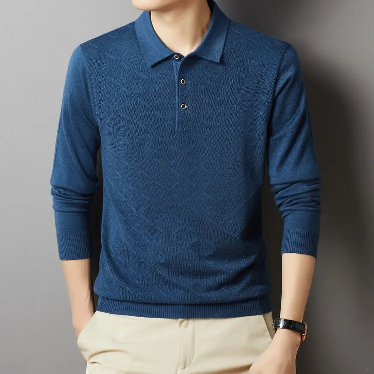 Men's High Quality Woollen Polo Shirt, Blend Fashionable Embroidered Long Sleeve Tee, Korean Style Casual Menswear