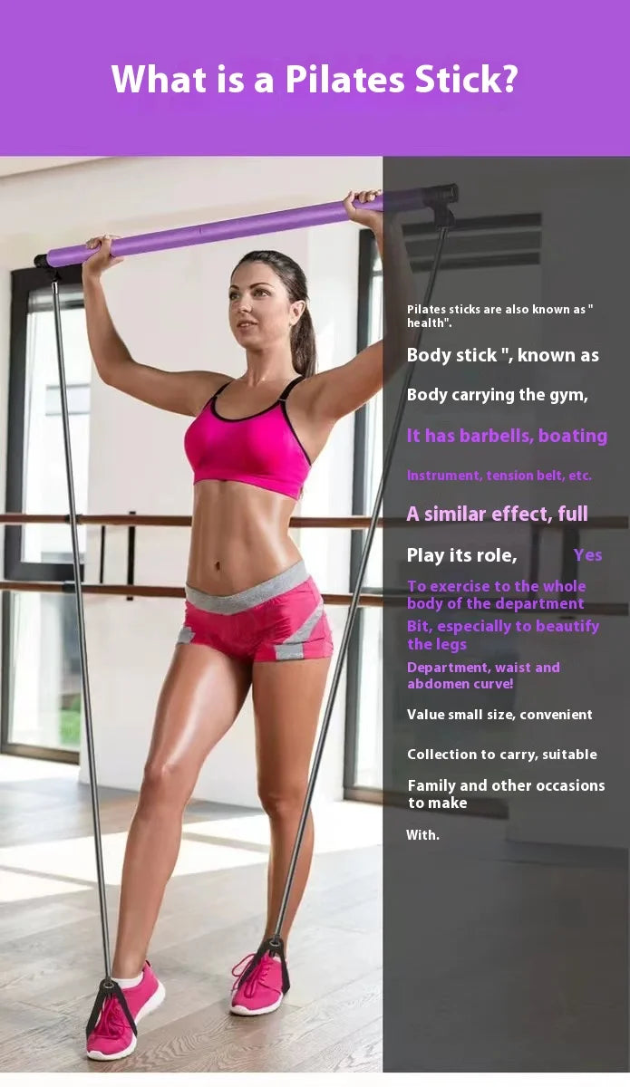 Adjustable Fitness Bar For Home Workout, Yoga, Stretching & Toning - Pilates Stick, Portable Exercise Rod with Elastic Bands