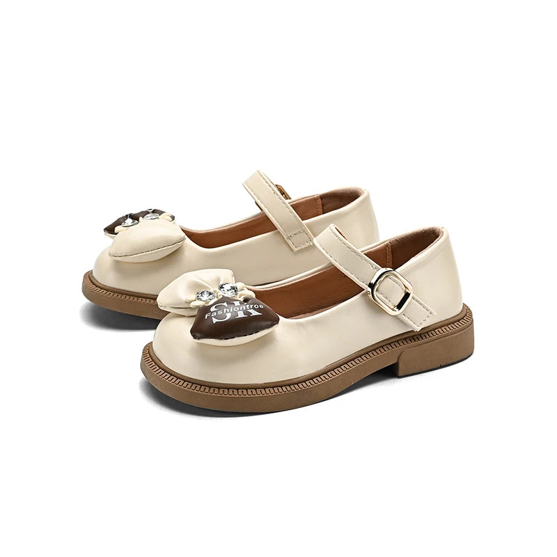 Stijlvolle leren strikschoenen voor meisjes, lente 2025, nieuwe mode, prinsessenschoenen voor bruiloften, kinderen, antislip, zachte zool, Mary Janes