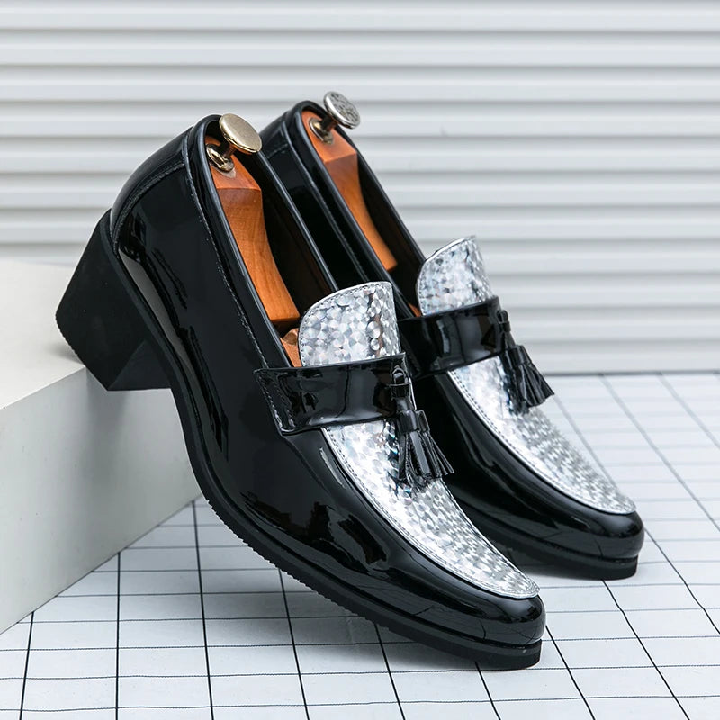 Height Increasing Male Formal Dress Shoes High Heel Men Popular Wedding Oxfords Black Silver Adult Leisure Casual Shoes