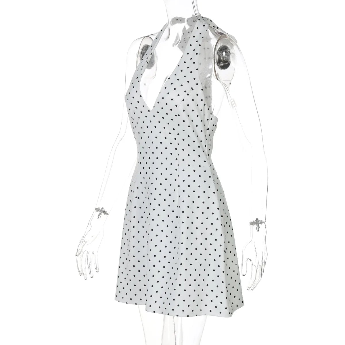 Polka Dot Printed Halter Dress Women's Sexy V neck Backless Mini Dress High Waist Bodycon Summer Fashion Vacation Dress