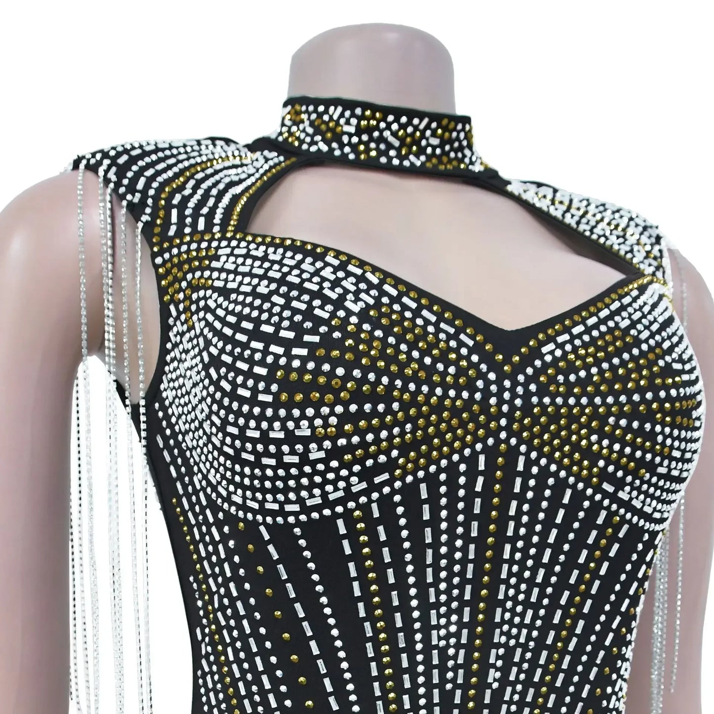 Sexy Sleeveless Rhinestone Decor Tassels Hollow Out Mini Dress