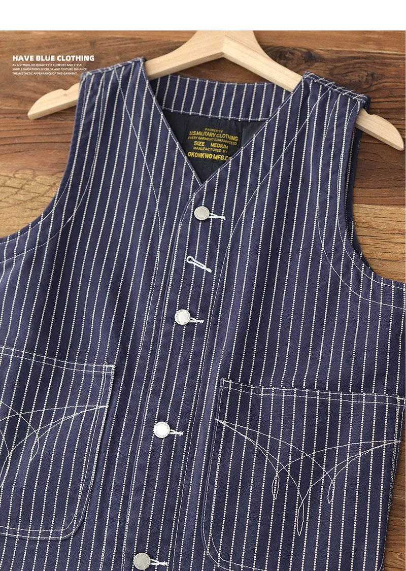2024 Autumn New American Retro 12OZ Denim Cargo Vest Men's Simple 100% Cotton Washed Old Casual Multi-pocket Waistcoat Jacket