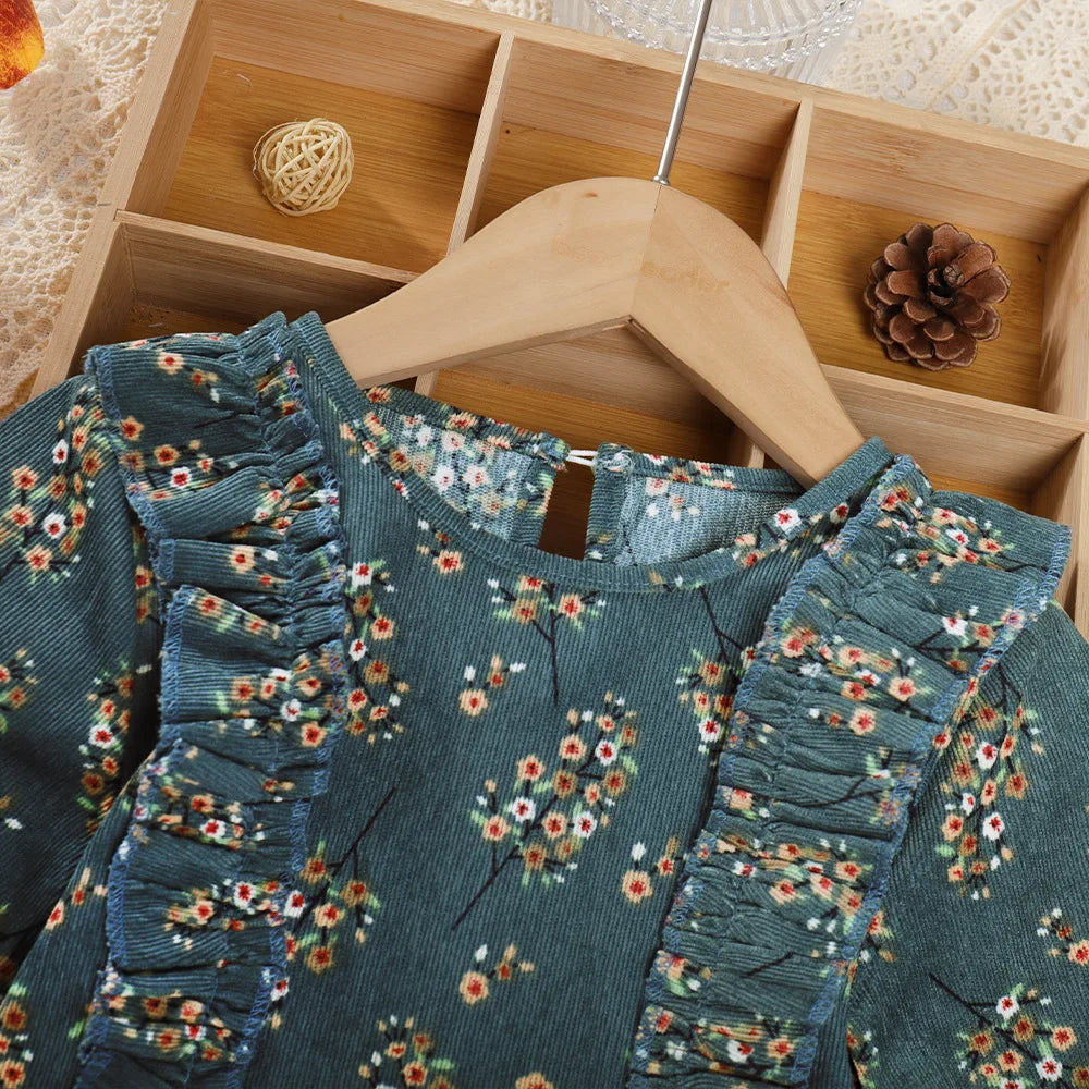 New Autumn Kids Dress 3-7T Girls Sweet Printing Floral Clothes Children Long Sleeved Thin Style Princess Dress