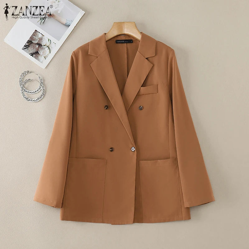 Casual Women Blazer Solid Office Lady Commute 2025 Spring Thin Jackets Lapel Neck Double-Breasted Long Sleeve Blazer