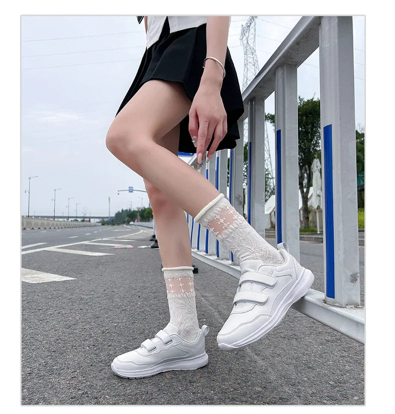 Student Sneakers Unisex White Shoes Magic Buckles Lightweight Couple Shoes for Sports School Dance Running