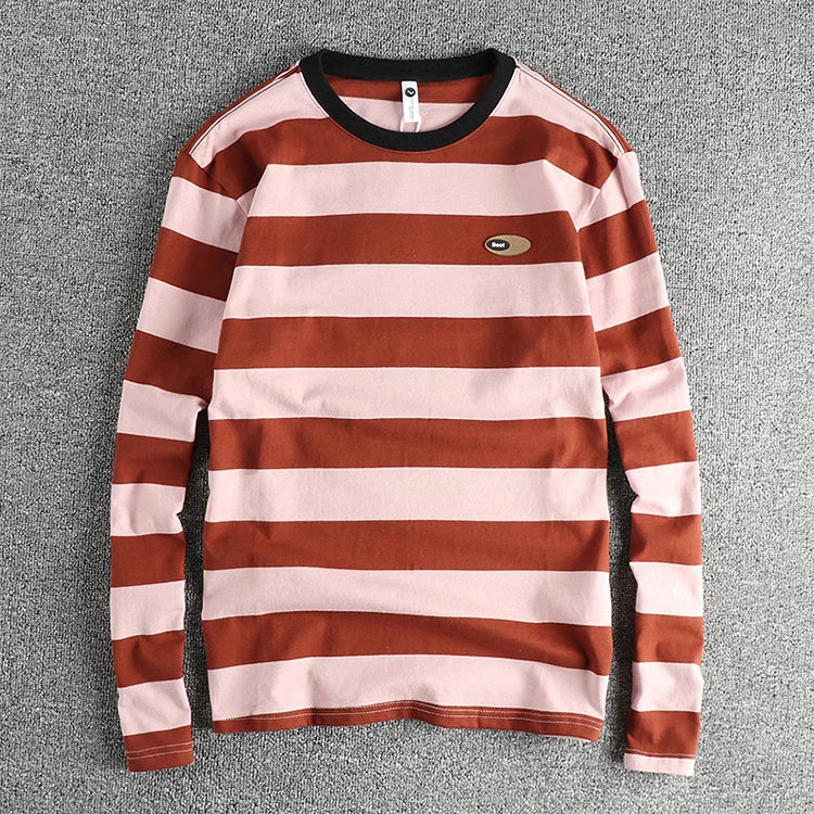 2024 Autumn New American Retro Long Sleeve O-neck Micro Chapter Striped T-shirt Men's Fashion 100% Cotton Washed Casual Tops