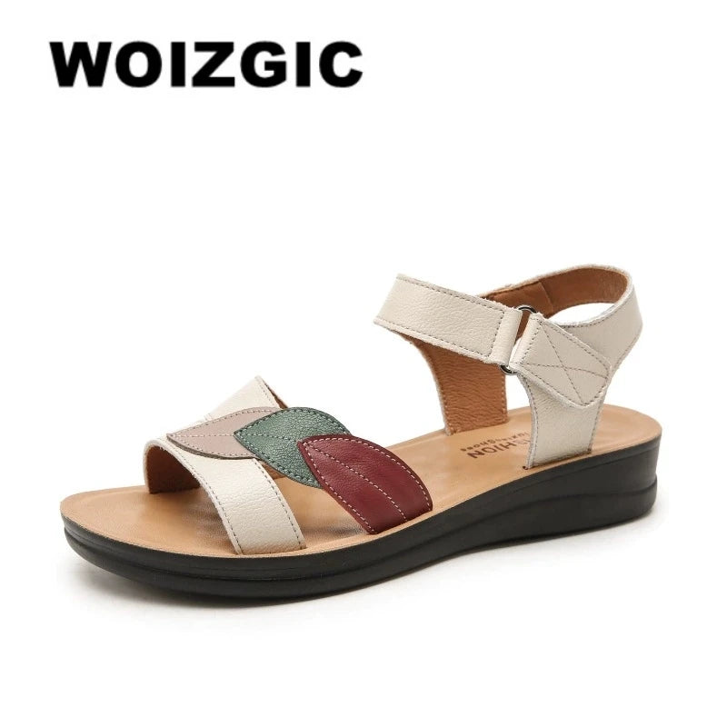 Women's Mother Ladies Female Genuine Leather Sandals Shoes Platform Summer Cool Beach Soft Waterproof Leaf Non Slip