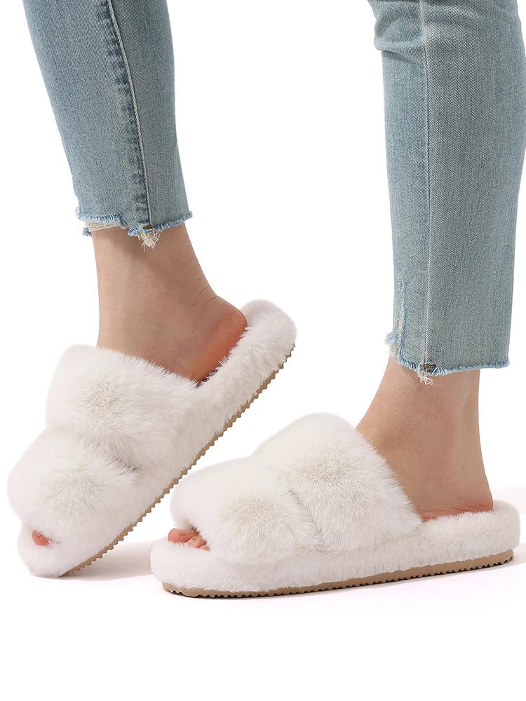 Women's Winter Warm Fluffy Platform Slippers Plush Open Toe Footwear Flat Slides Suitable For Indoor Use Ladies' Shoes