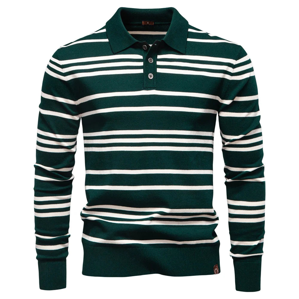 Men's Colour Block Striped Long Sleeve Polo Shirt For Autumn - Designer Business Premium T-shirts