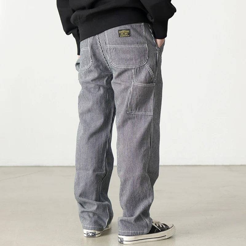 3903# Spring New American Retro Denim Carpenter Cargo Jeans Men's 100% Cotton Washed Loose Casual Multi-pocket Straight Pants