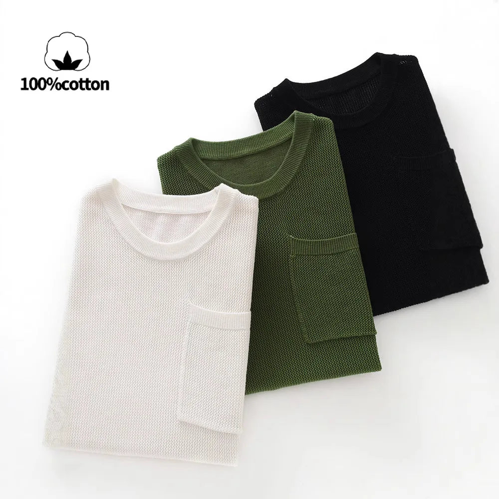 Men's 100% Cotton Pocket T-Shirt With Hollow-Out and Hollow O-neck Design, Breathable, Sweat-Wicking Daily Undershirt
