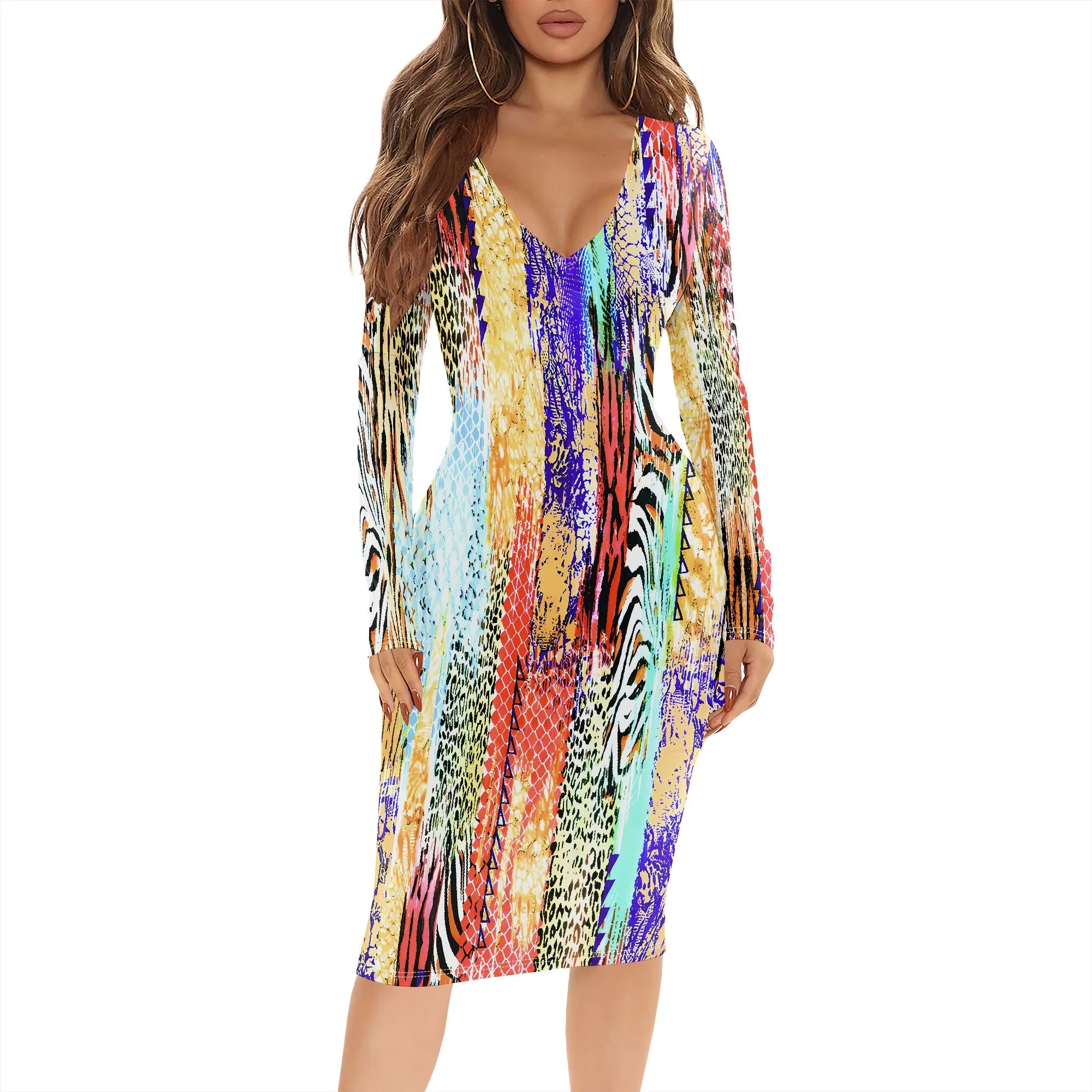 Womens Bodycon White Dark Blue line Flower Print Round Neck Ruffle Ruched Party Knee Length Pencil Dress