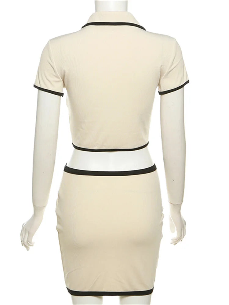Women's Ribbed 2 Piece Set Polo Neck Cardigan Crop Tops + Stretch Skirts Matching Casual Simple Trend Elegant Outfits