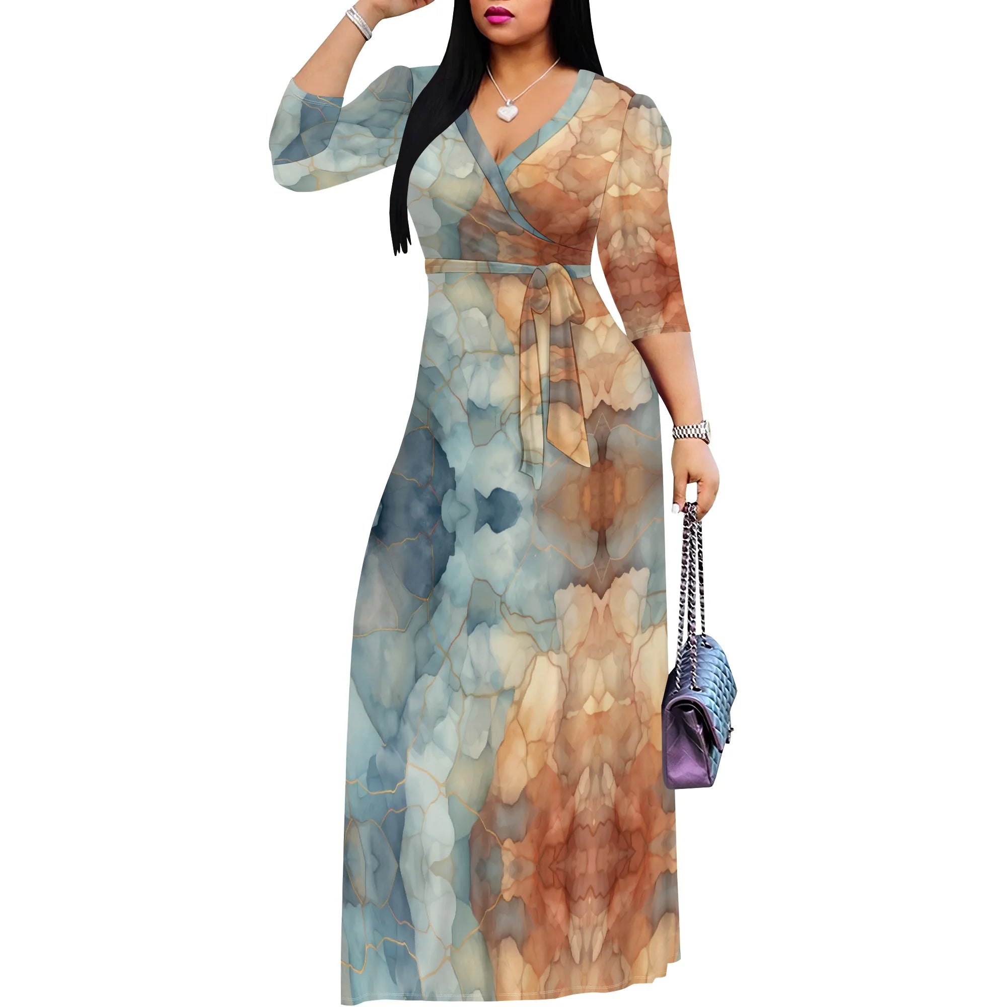 Women's V Neck Wrap Maxi Dress Casual 3/4 Sleeve Bodycon Dress Summer Dress with Belt