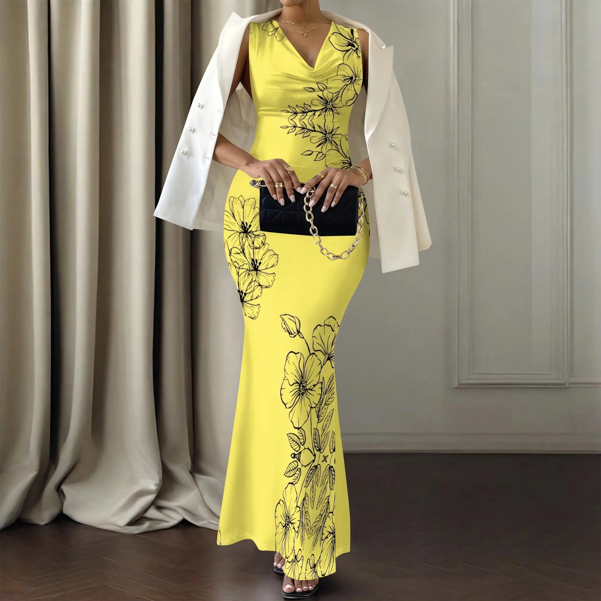 Women's V-Neck Sleeveless Maxi Dress Yellow Black Outline Floral Print Elegant Bodycon Summer Dress