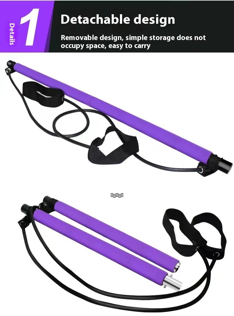 Adjustable Fitness Bar For Home Workout, Yoga, Stretching & Toning - Pilates Stick, Portable Exercise Rod with Elastic Bands