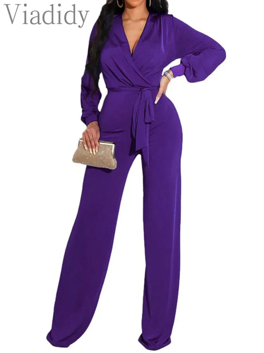 Women Solid Color Knitted V-Neck Long Sleeve Straight Jumpsuit With Belt