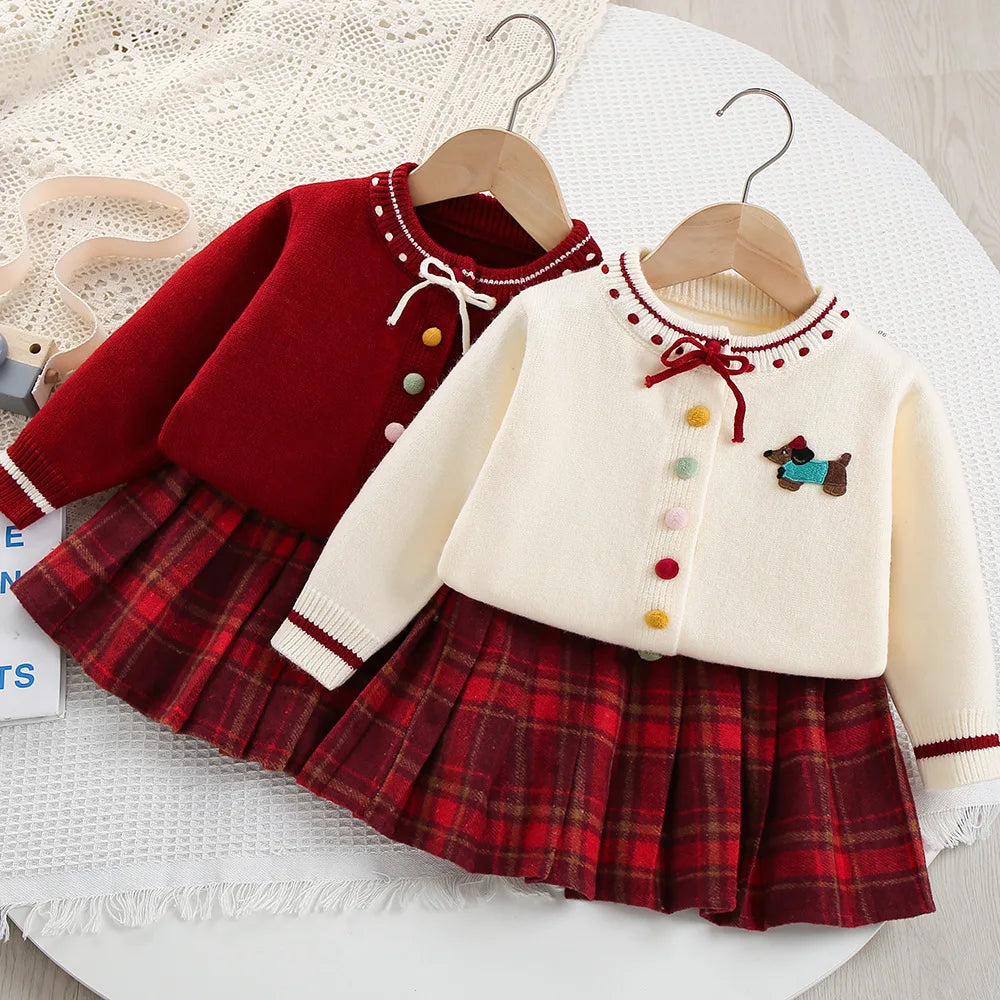 New Autumn Kids Sweater Set Cute Colourful Buttons Girls Knitted Shirt + Checked Skirt Children Sweet Thin Outfit 9M-5T Girls