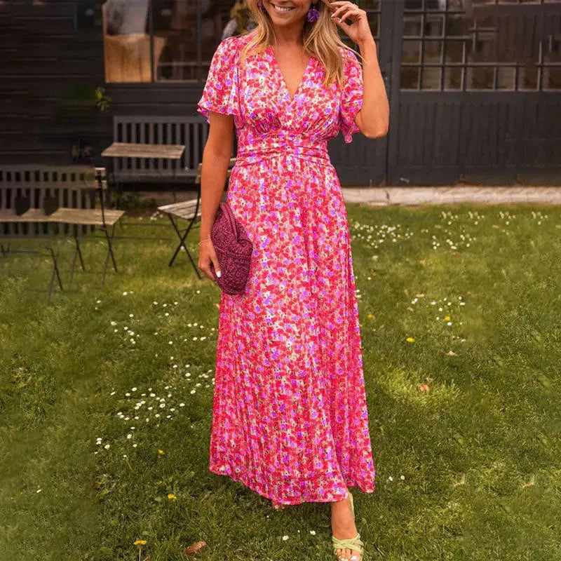 Summer Elegant Fragmented Flower Dress Women Fashion Beach Style V-neck Bubble Sleeves Long Dress Women