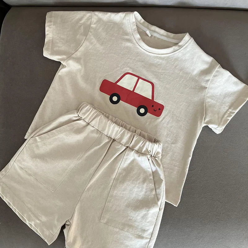 New Summer Kids Clothes Suit Children Cute Cartoon Car T-shirt + Shorts Boys Thin Style 2PCS Outfit 1-4Y Unisex