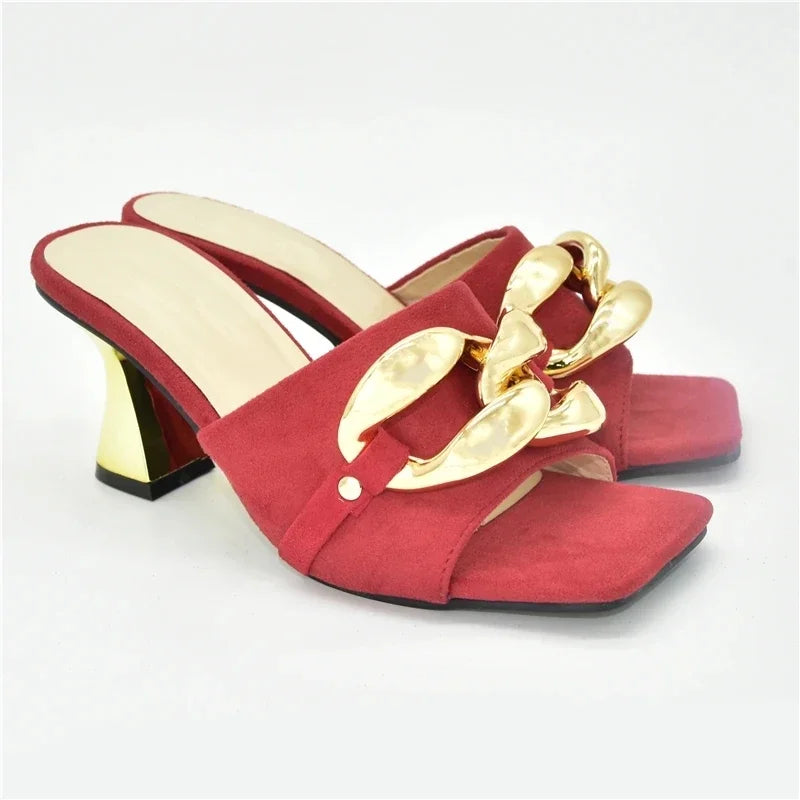 Ladies Metal Decorative Chain Wedding Bridal Shoes Ladies Open Toe High Heels Shoes Slip on Women Party Pumps